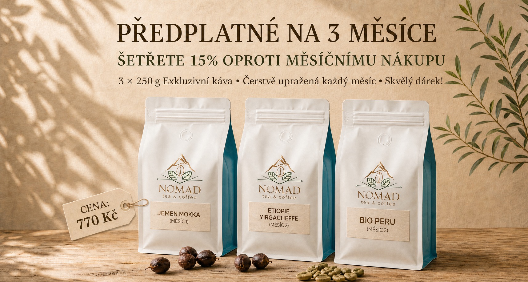 Kávové předplatné Nomad Coffee na 3 měsíce – dárkové balení výběrové zrnkové kávy